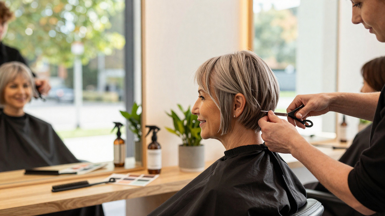 Older woman with grey hair smiling while getting a haircut in a bright modern salon.