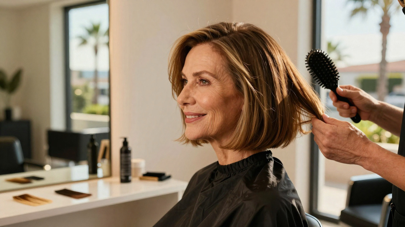 Middle-aged woman with short hair having her hair brushed at a salon with a window showing palm trees outside.