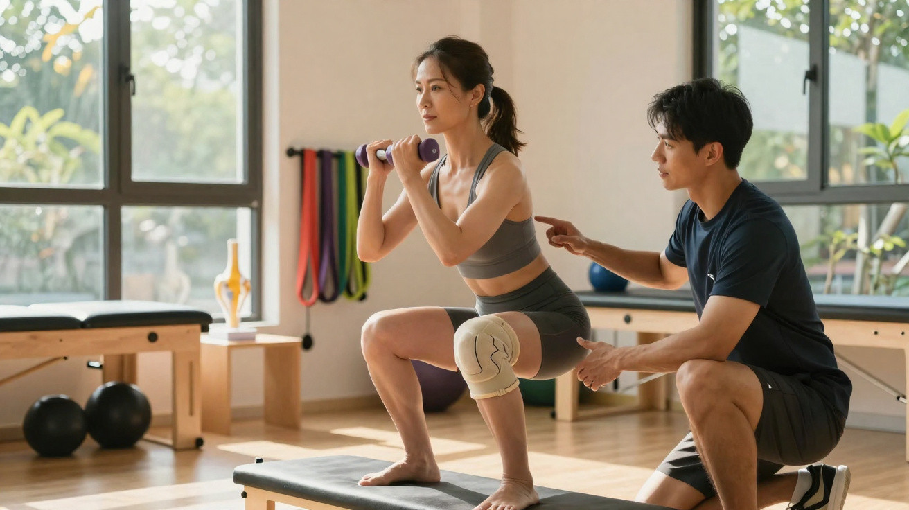 Woman wearing knee brace performs squats with dumbbells while trainer guides posture in bright gym room