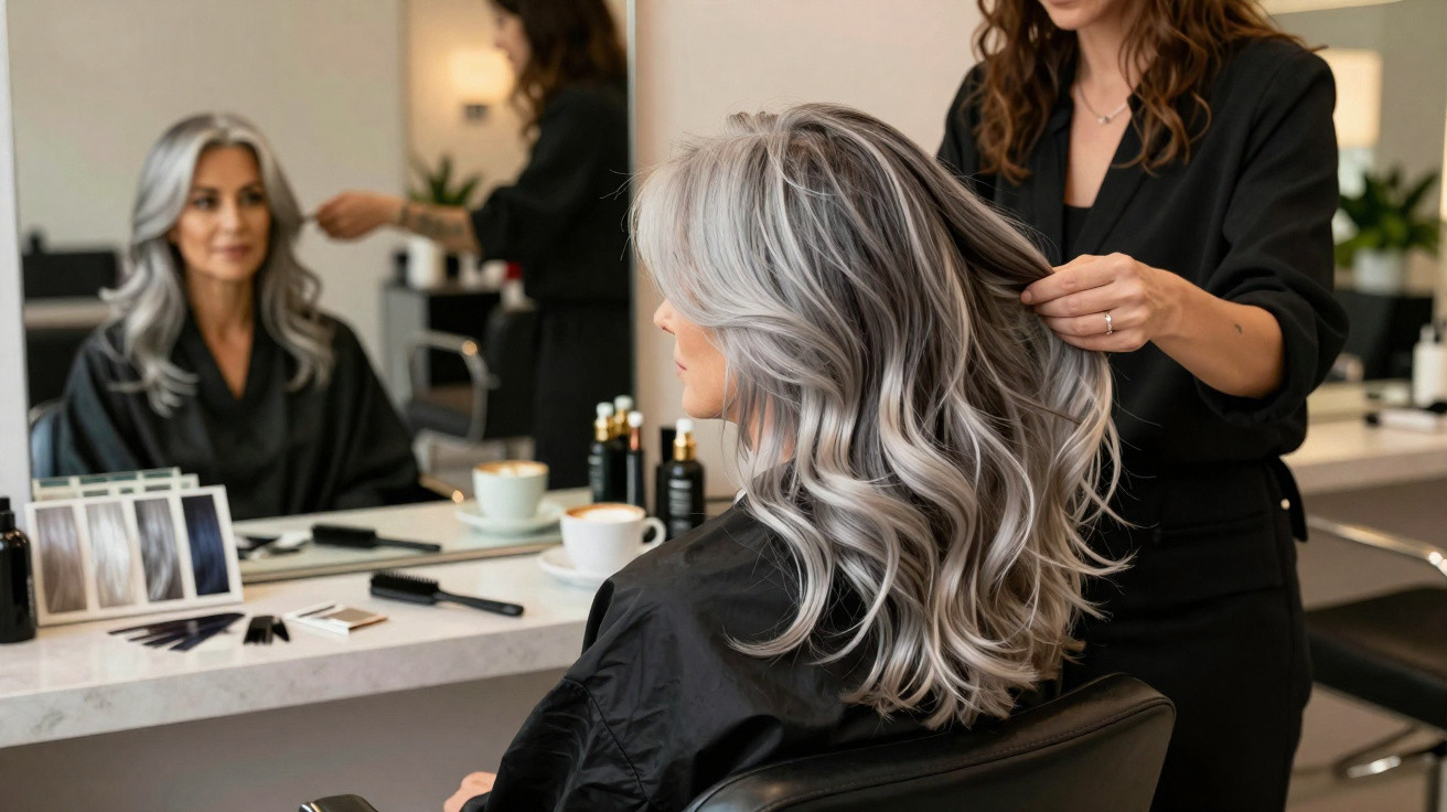Woman with long, wavy silver hair sitting in a salon chair while a stylist adjusts her hair.