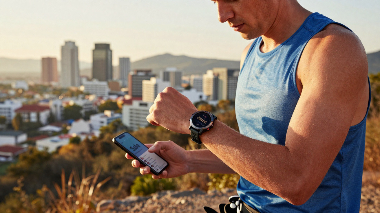 Man in blue vest checking smartwatch and phone with city skyline in the background at sunset.