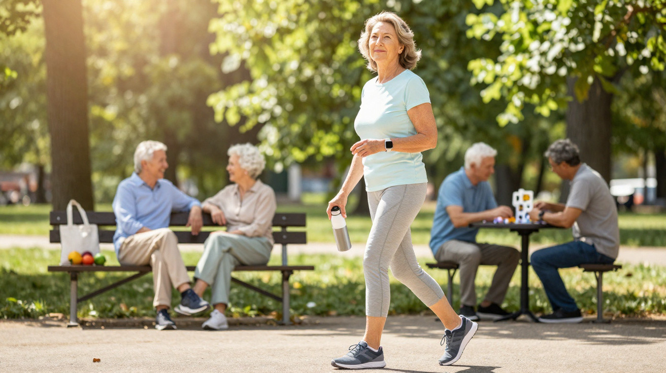 Older woman walking in park holding a water bottle with two pairs of elderly people socialising in the background.