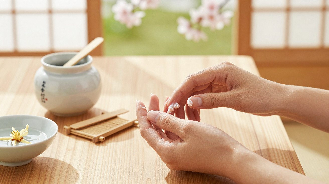 Hands applying cream on a finger at a wooden table with a flower bowl and ceramic jar in soft natural light.
