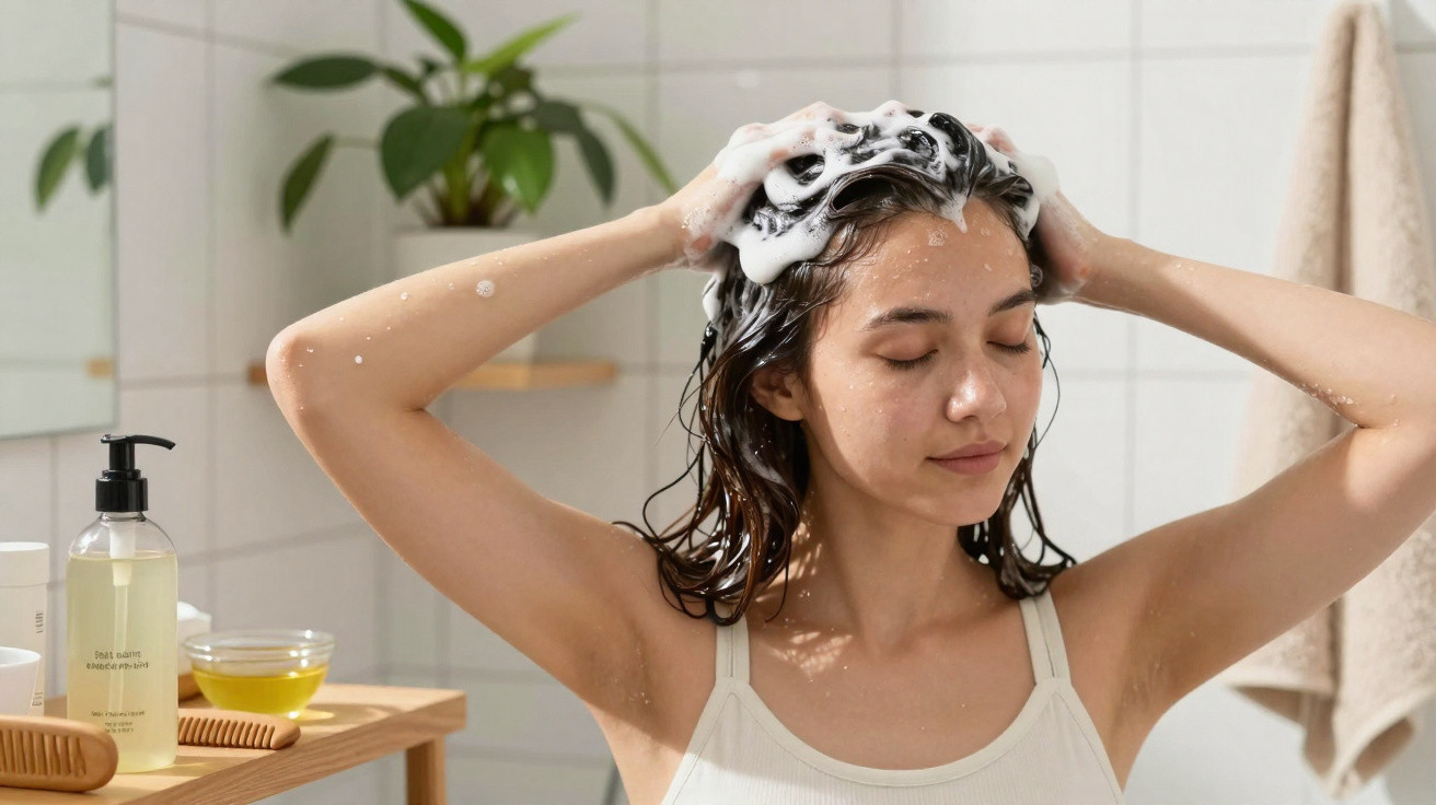 Woman washing her hair with shampoo in a bright bathroom with a plant and toiletries nearby.