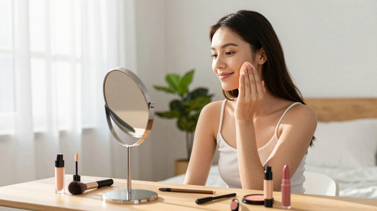 Young woman applying makeup using a mirror at a wooden desk in a bright bedroom.
