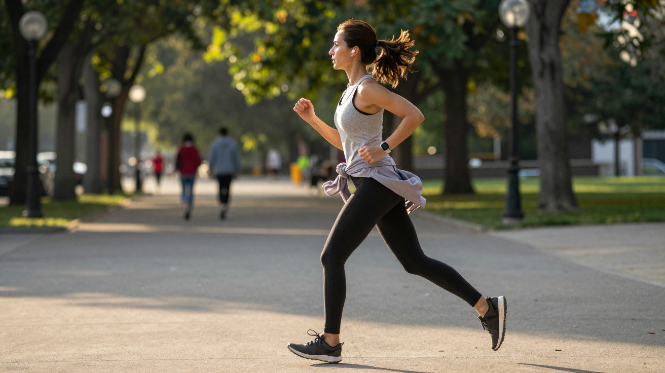 Young woman in sportswear running in a tree-lined park path on a sunny day.