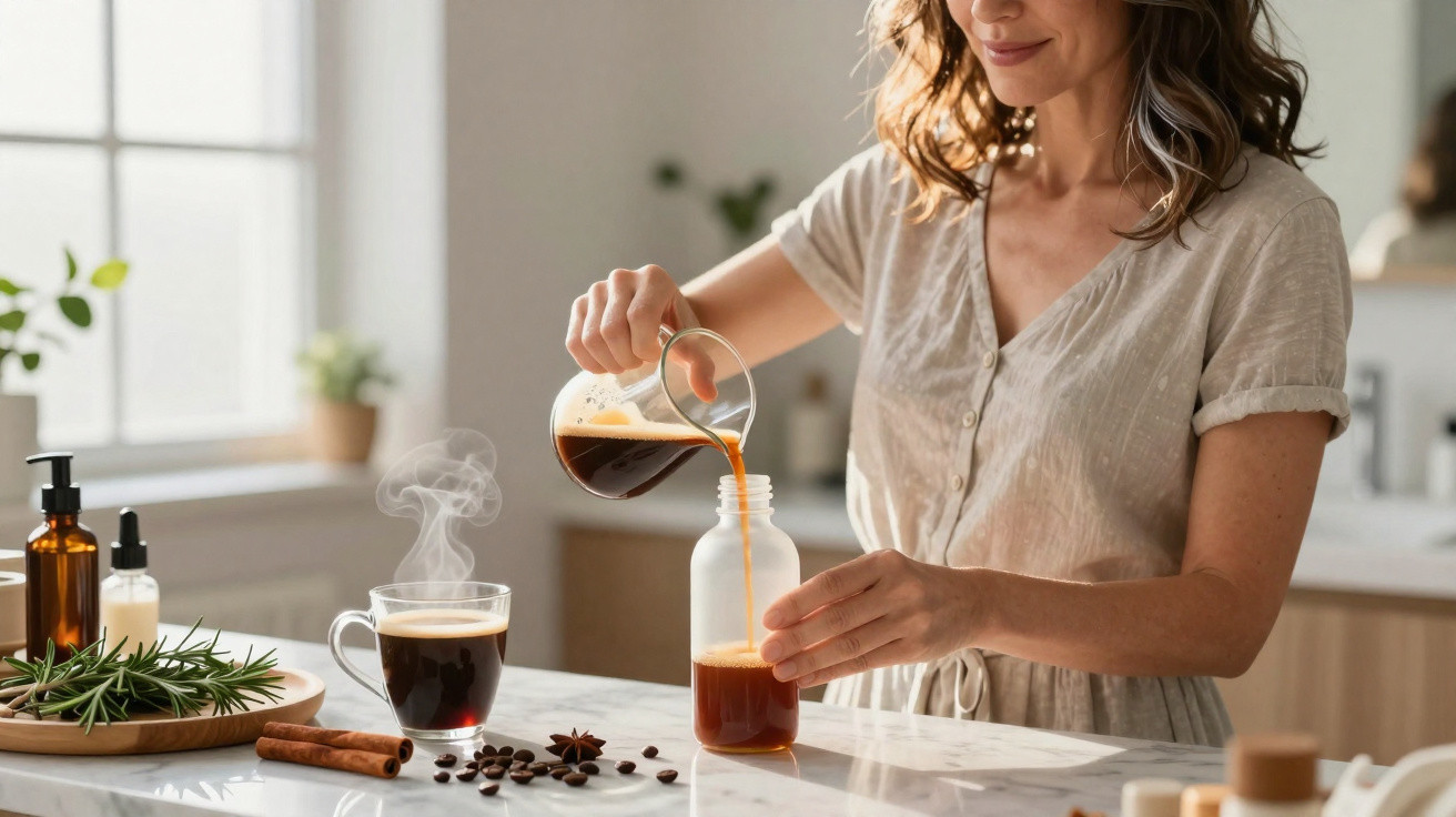 Woman pouring brewed coffee into a glass bottle on a kitchen counter with coffee beans and spices nearby.