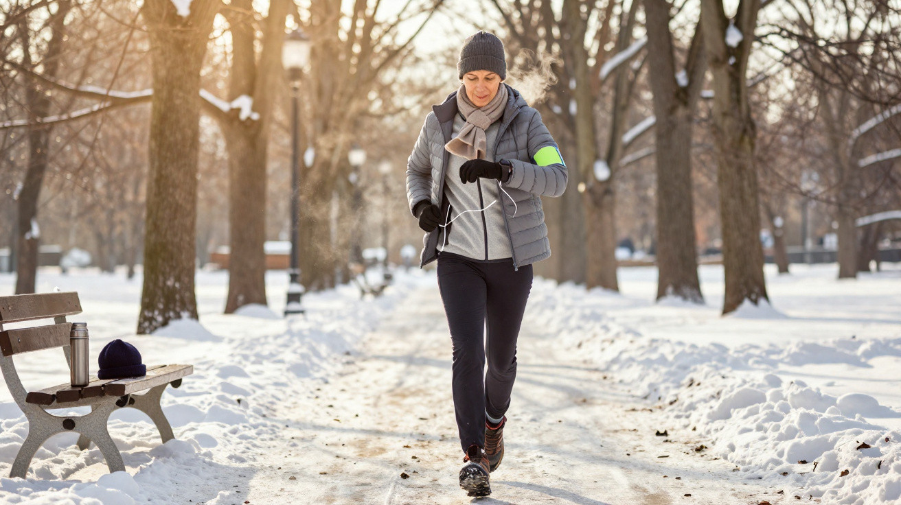 Woman in winter clothes jogging on a snowy park path with bare trees and a bench nearby.