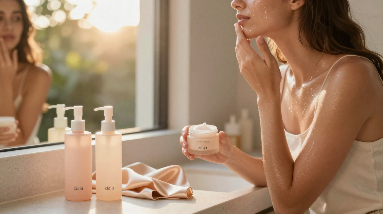 Woman applying cream to her face in front of a bathroom mirror with skincare products on the counter.