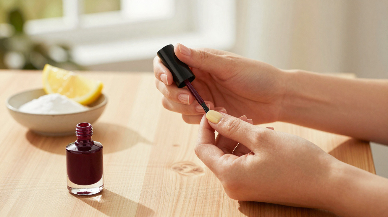 Person applying dark red nail polish to their thumbnail at a wooden table with lemon and bowl nearby