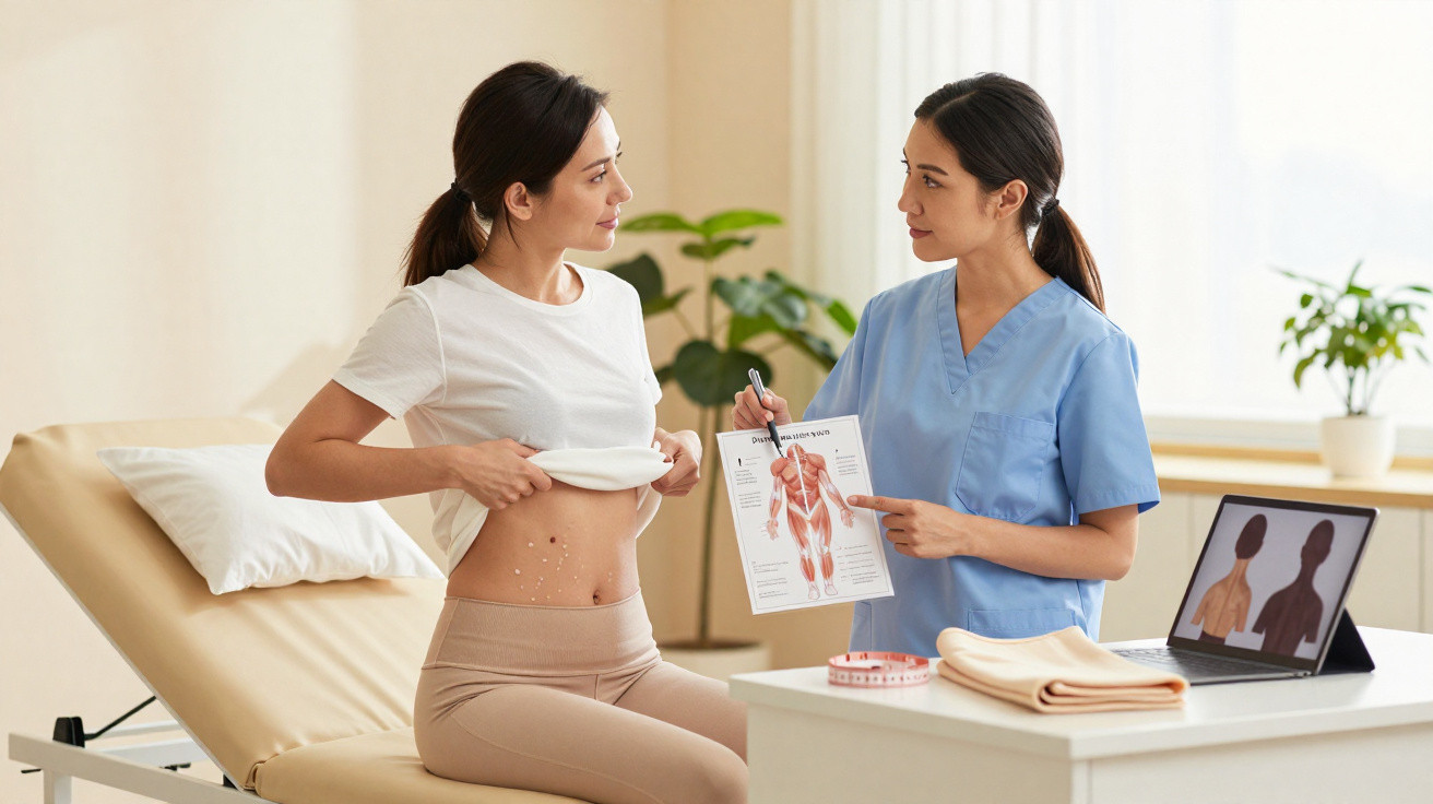 A healthcare professional in scrubs discusses muscle anatomy with a patient lifting her shirt in a clinic room.