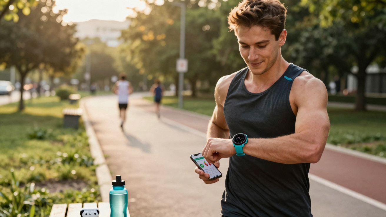 Fit young man checking smartwatch and smartphone app after jogging in park at sunset