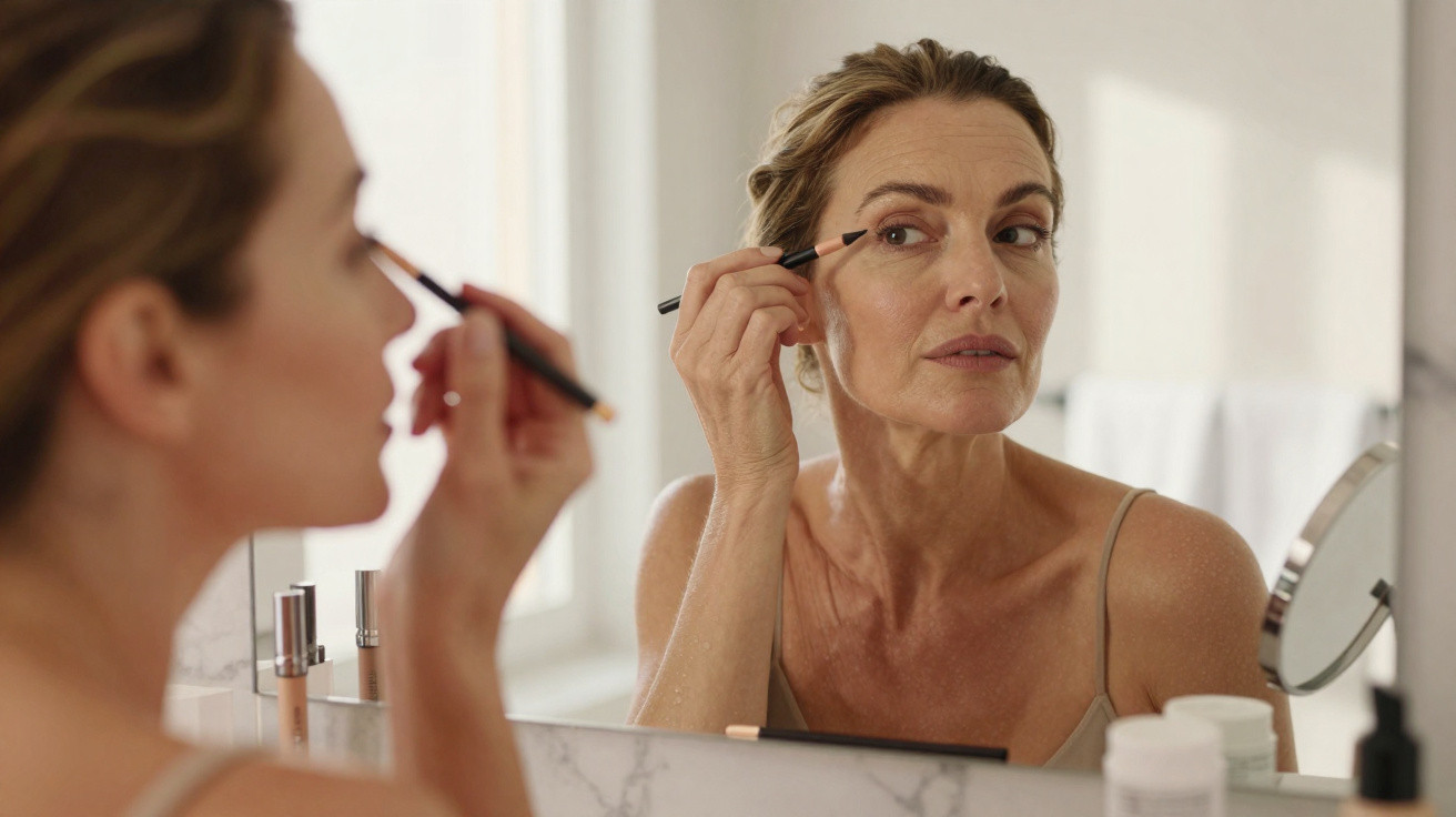 Mature woman applying eyeliner while looking into a bathroom mirror in natural light.