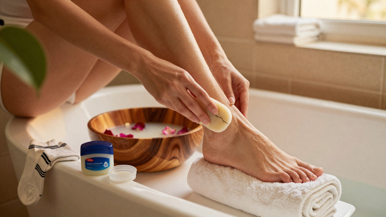 Person exfoliating their feet with a pumice stone while sitting on the edge of a bathtub with spa items nearby.