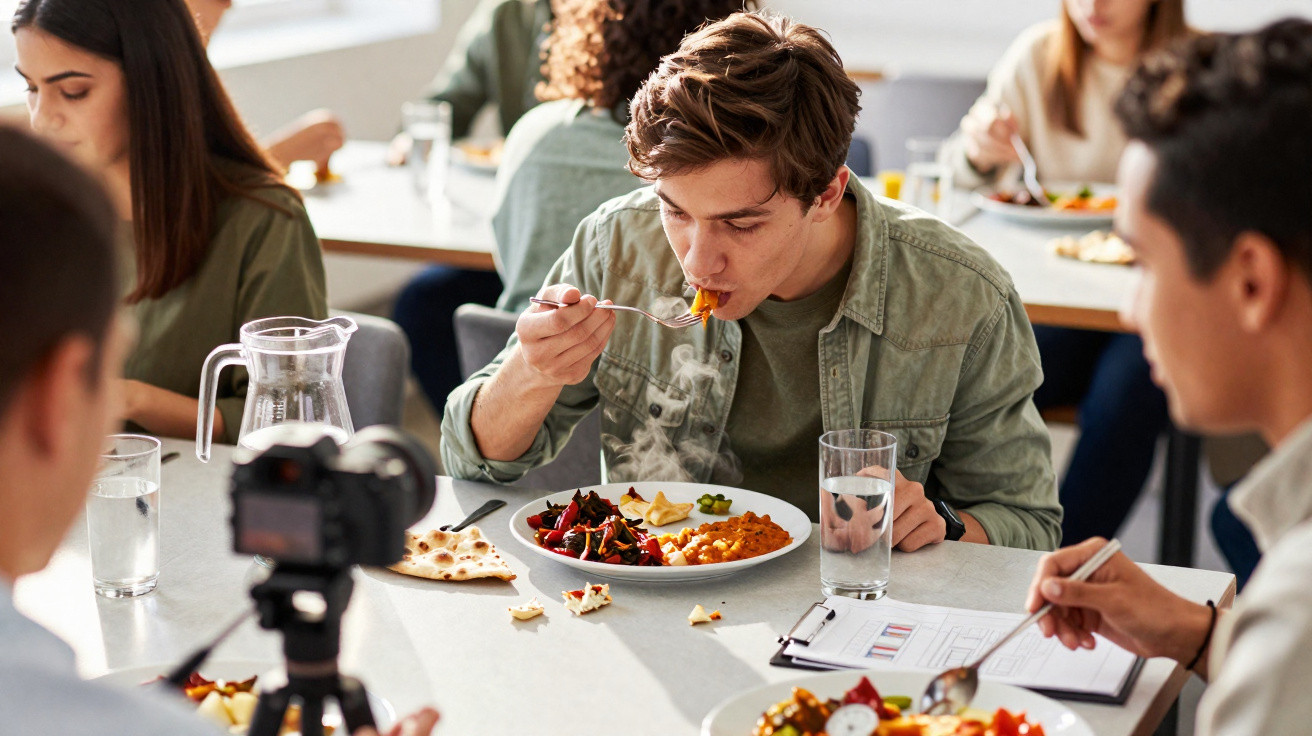 Young man eating hot meal at table with others, a camera in foreground recording the scene.