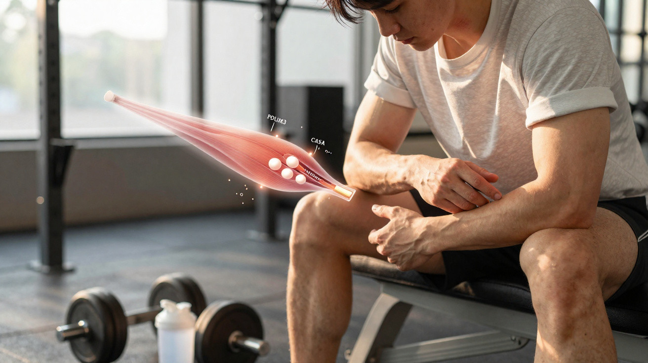 Man in gym with digital muscle fibre illustration overlaid on his arm showing muscle contraction mechanism.