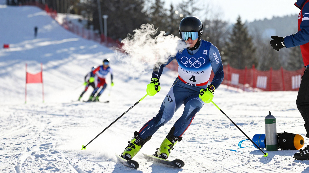 Skier in Olympics gear racing downhill on snow with visible breath in cold air and red course markers.