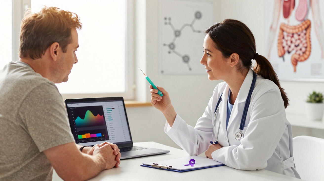 Doctor explaining medical data on laptop to male patient in clinic consultation room.