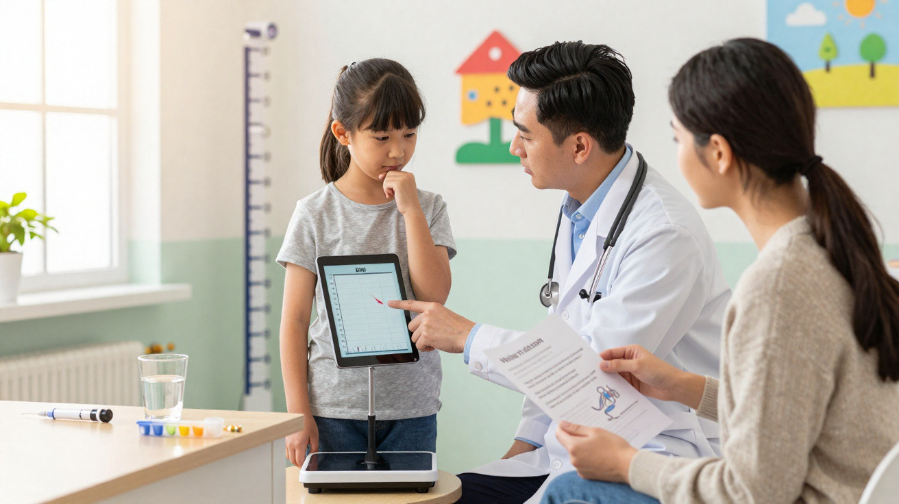 Doctor explaining growth chart to a young girl and her mother in a bright medical clinic room.