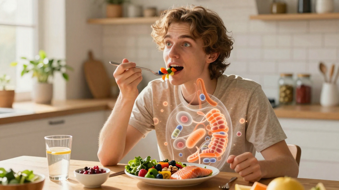 Young man eating colourful pills with digital illustration of digestive system glowing over his chest in kitchen