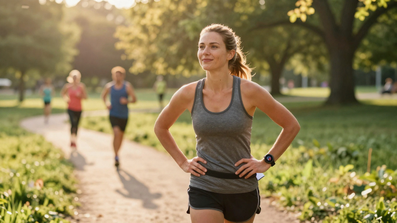Woman in sportswear with hands on hips standing on park path during a sunny day with blurred runners behind her.