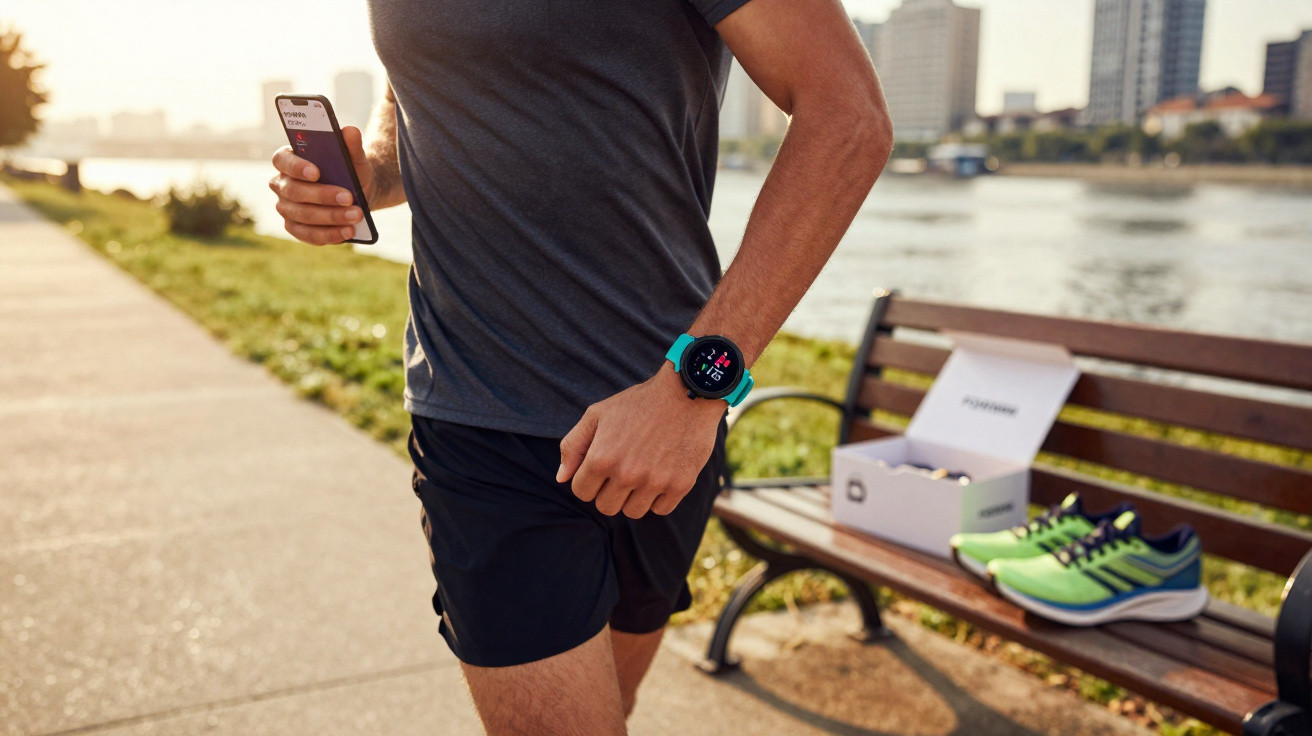 Runner wearing a smartwatch and holding a phone on a riverside path with running shoes on a bench nearby.