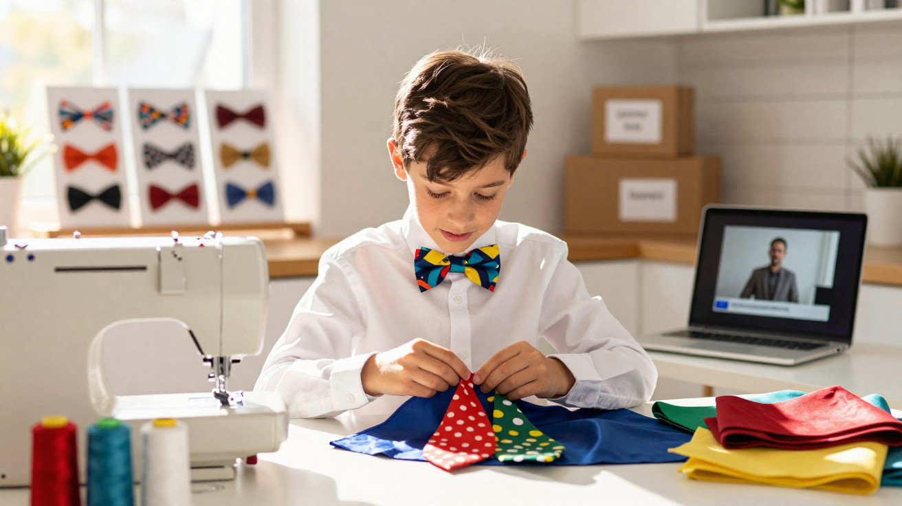 Boy wearing a colorful bow tie sewing fabric pieces with a sewing machine and online tutorial on laptop nearby.