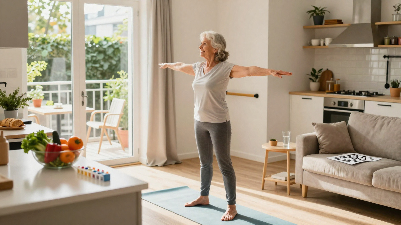 Older woman doing yoga stretches on a mat in a sunlit living room with kitchen in the background