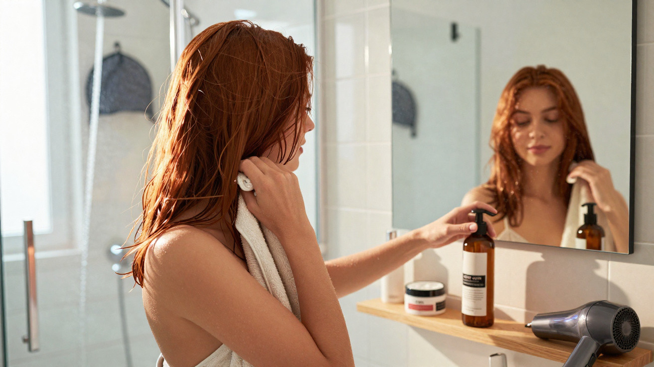 Woman with wet hair holding a towel, reaching for a bottle on a bathroom shelf in front of a mirror.