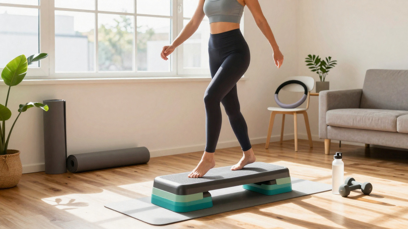 Woman exercising on a step platform in a bright living room with yoga mats, dumbbells, and a water bottle nearby.