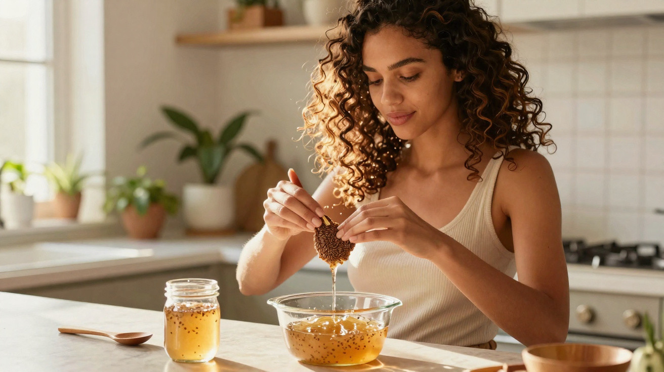 Woman in a beige tank top draining chia seeds from a strainer into a glass bowl in a bright kitchen.