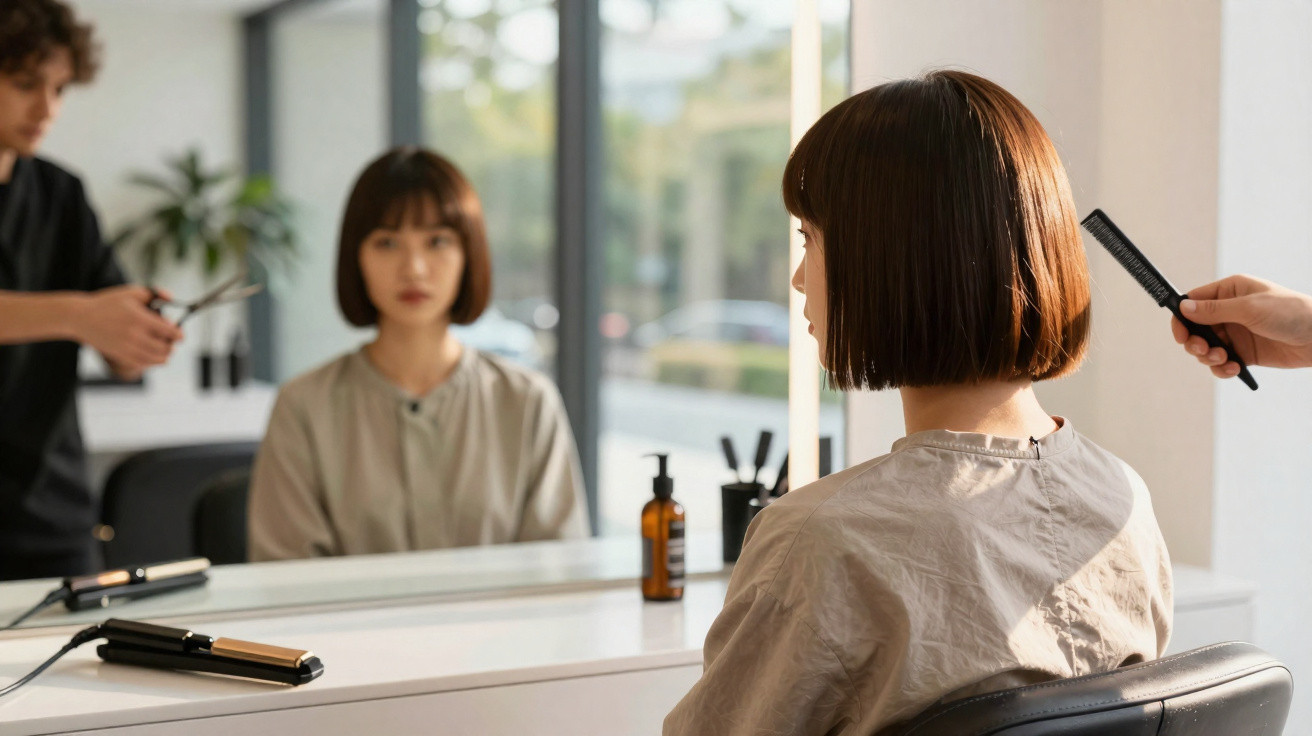 Woman with bob haircut sitting in salon chair facing mirror while stylist holds comb and scissors