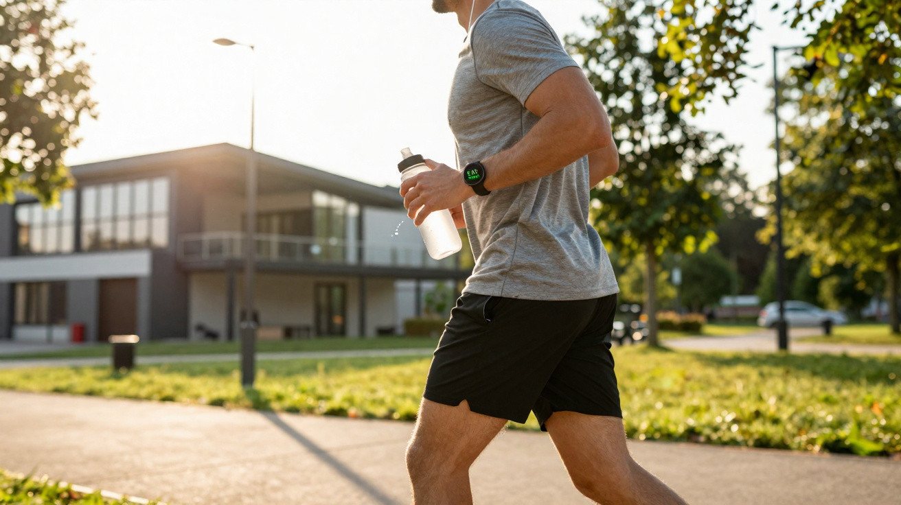 Man jogging outdoors in park wearing fitness smartwatch and holding water bottle on sunny day