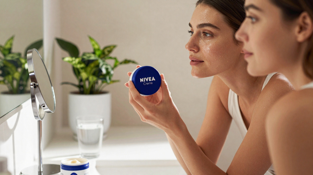 Woman holding a jar of NIVEA Creme, looking at her reflection in a bathroom mirror with plants in the background.