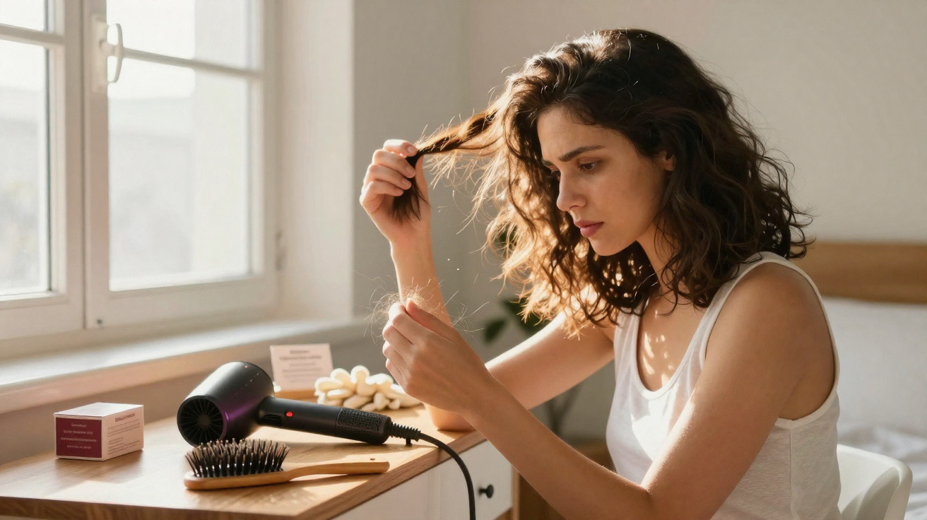 Woman examining her dry hair near a table with a hairdryer, brush, and hair care products by a sunny window.