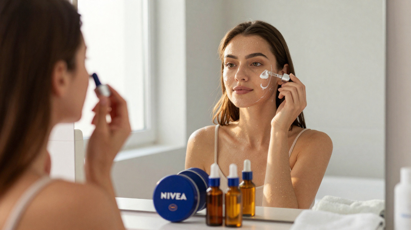 Woman applying cream to her face with a dropper in front of a bathroom mirror, skincare products on the counter.