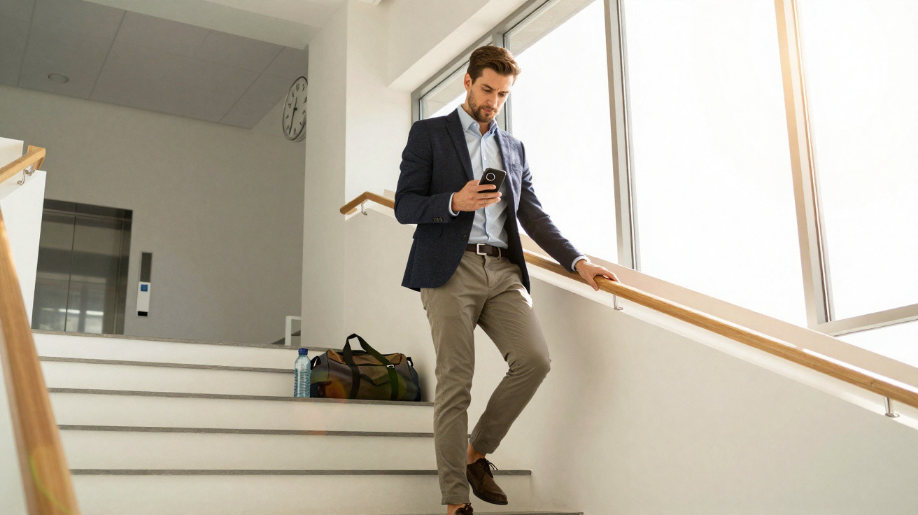 Man in smart casual clothing walking down stairs while looking at smartphone in a brightly lit indoor space.