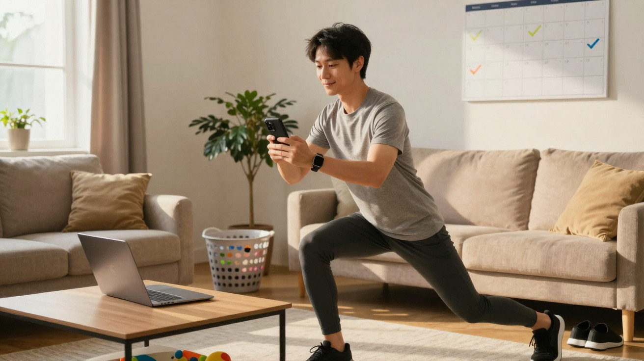 Young man in sportswear doing lunges while holding a smartphone in a bright living room with a laptop on the table.