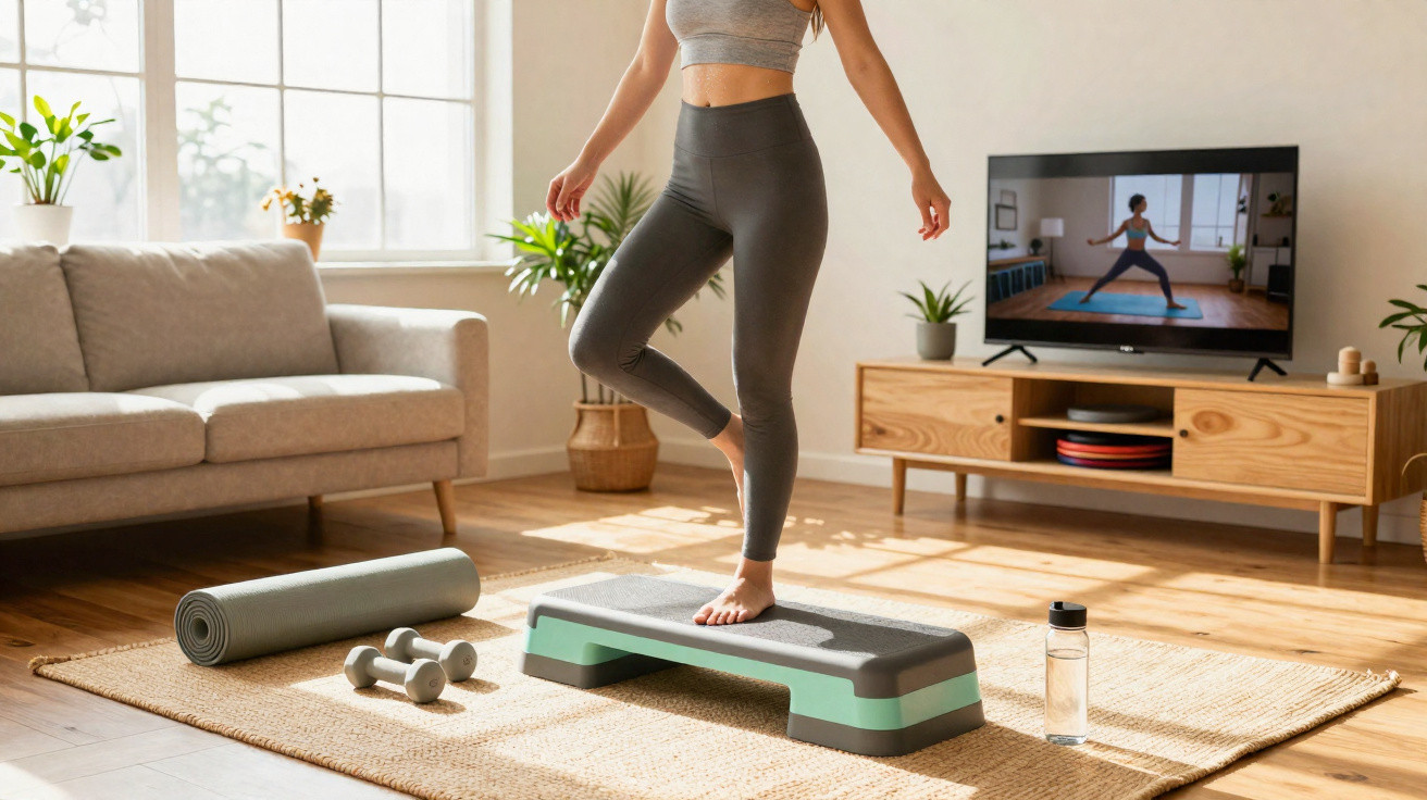 Woman exercising at home on a step platform with yoga mat and dumbbells nearby, following a workout on TV.