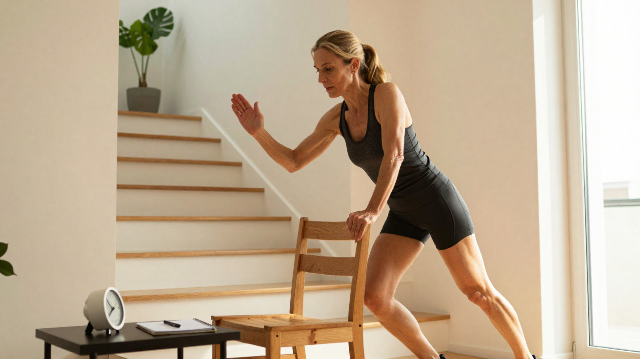 Woman in black workout clothes exercising with a wooden chair indoors near stairs and a table with a clock.