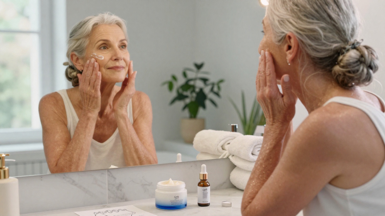 Senior woman applying cream on her face in front of a bathroom mirror with skincare products on the counter.
