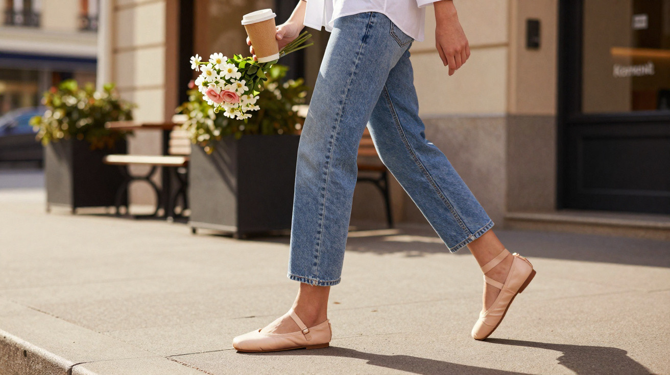 Person walking on a city pavement holding coffee and a bouquet of flowers wearing jeans and pink flats.