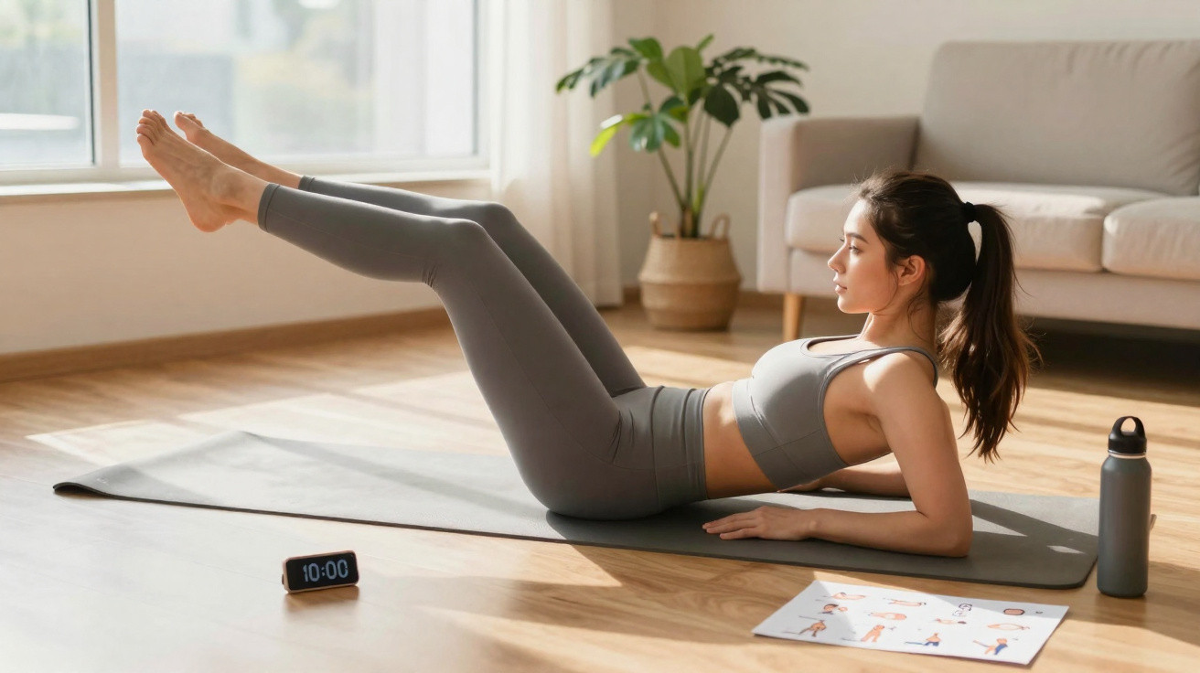 Woman in sportswear doing core exercises on a yoga mat in a bright living room.