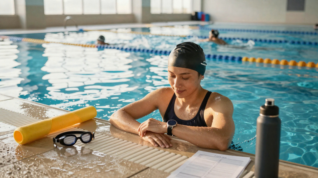 Swimmer in black swim cap resting at pool edge, checking smartwatch, with goggles, water bottle, and schedule nearby.