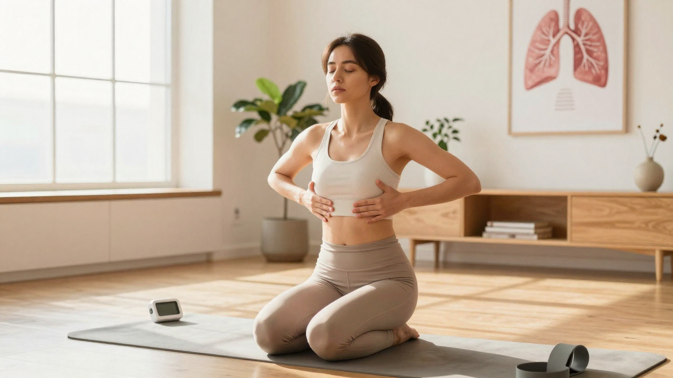 Woman in sportswear practising mindful breathing on a yoga mat in a sunlit living room.