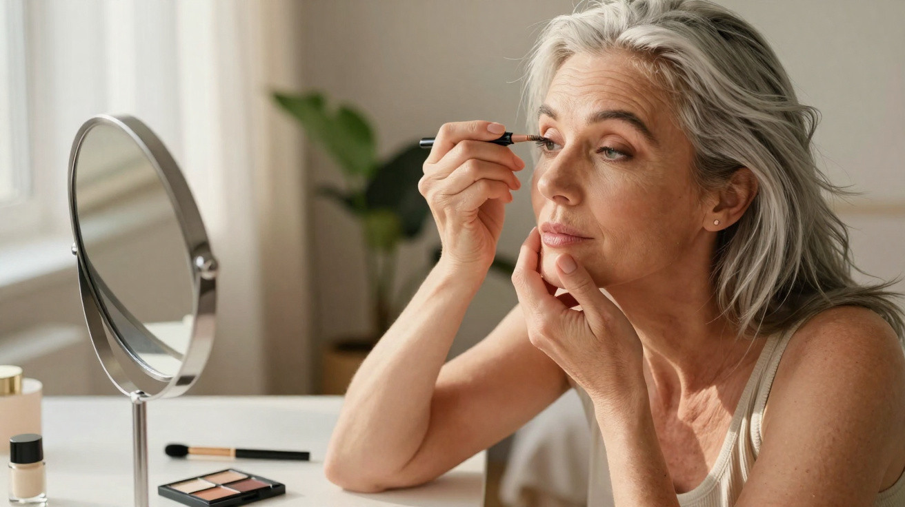 Middle-aged woman applying mascara while looking in a round mirror on a white vanity table.