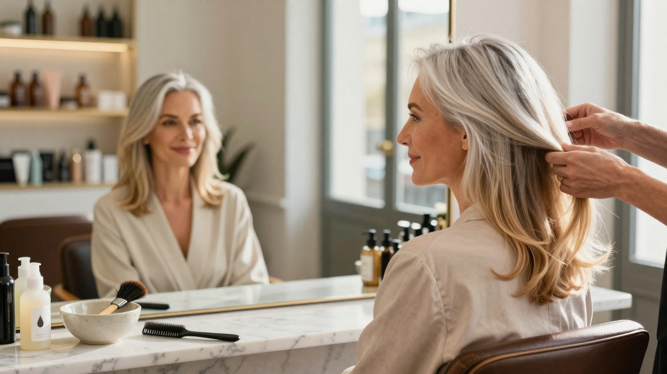 Older woman with grey hair sitting in front of a mirror while a stylist adjusts her hair in a salon.