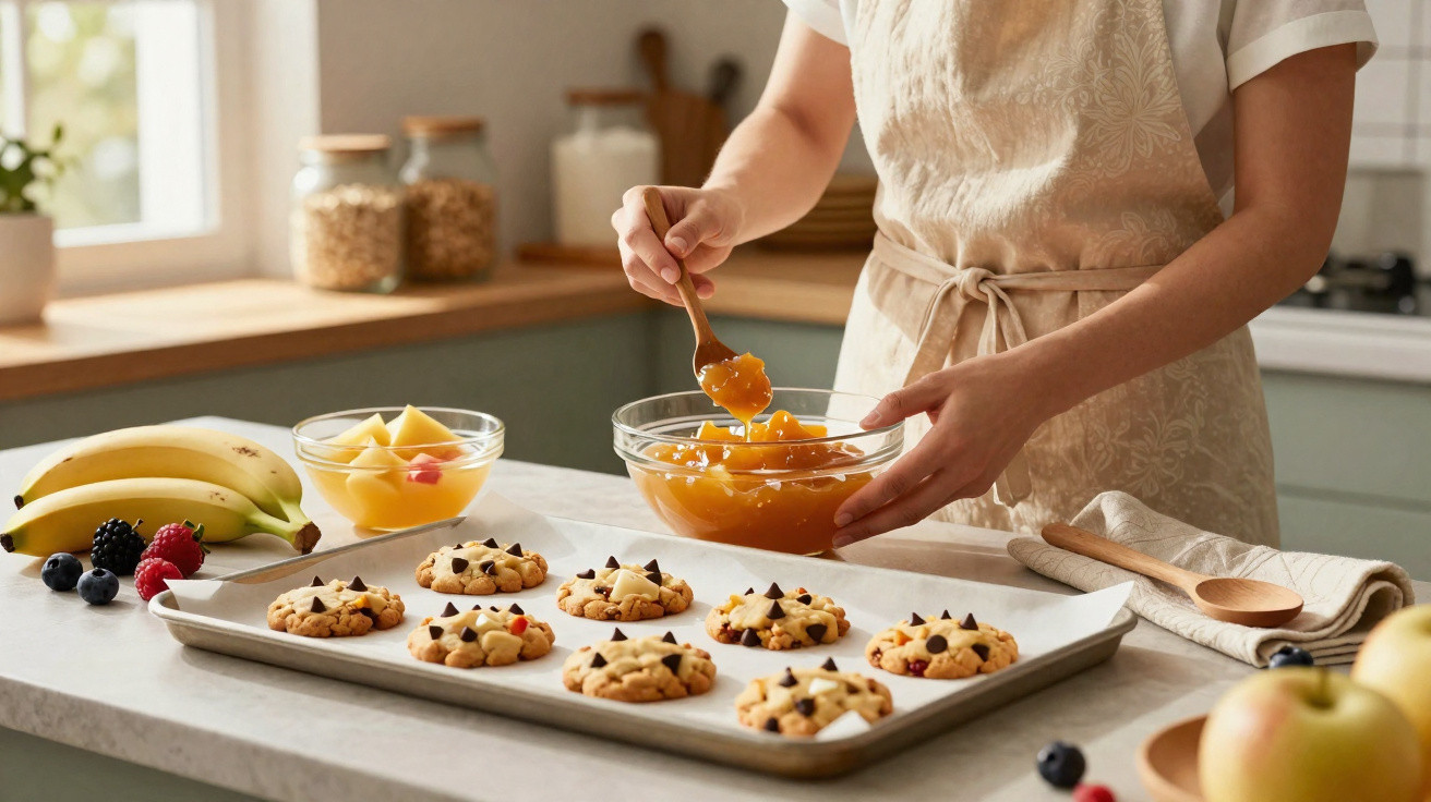Person in an apron spooning jam onto freshly baked cookies on a tray in a bright kitchen setting.