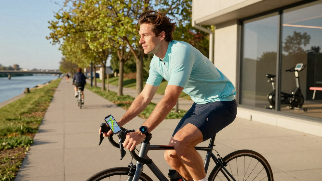 Man in blue cycling attire riding a bike along a riverside path with trees and a building nearby.