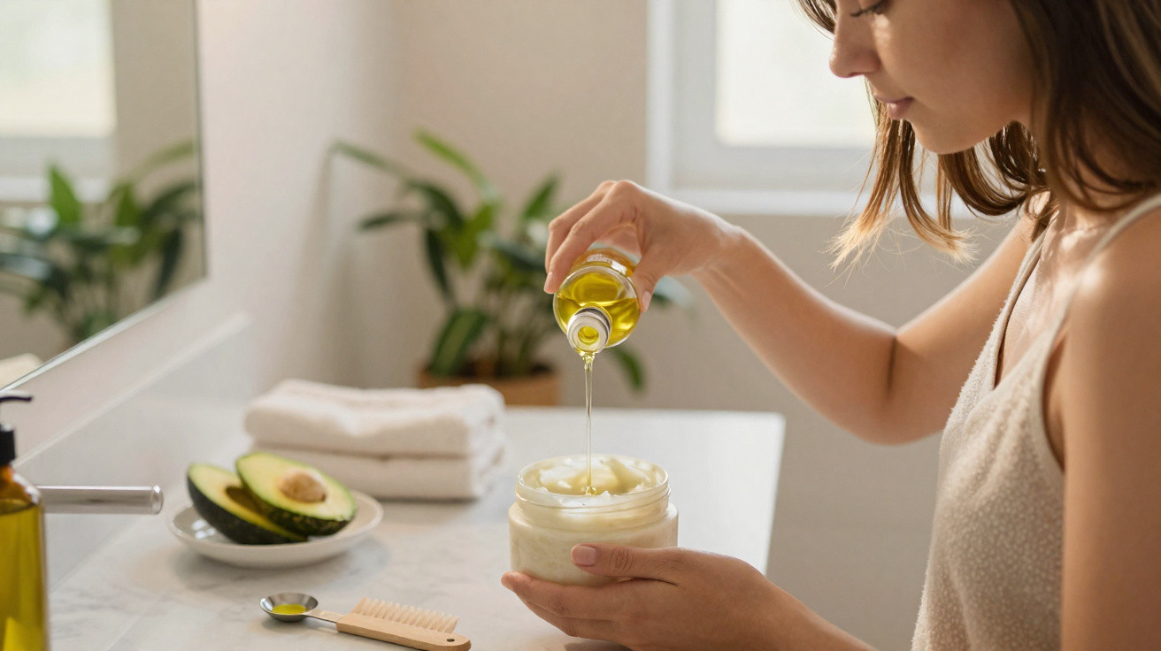 Woman pouring oil into a jar of cream on a bathroom countertop with avocado and towels nearby.